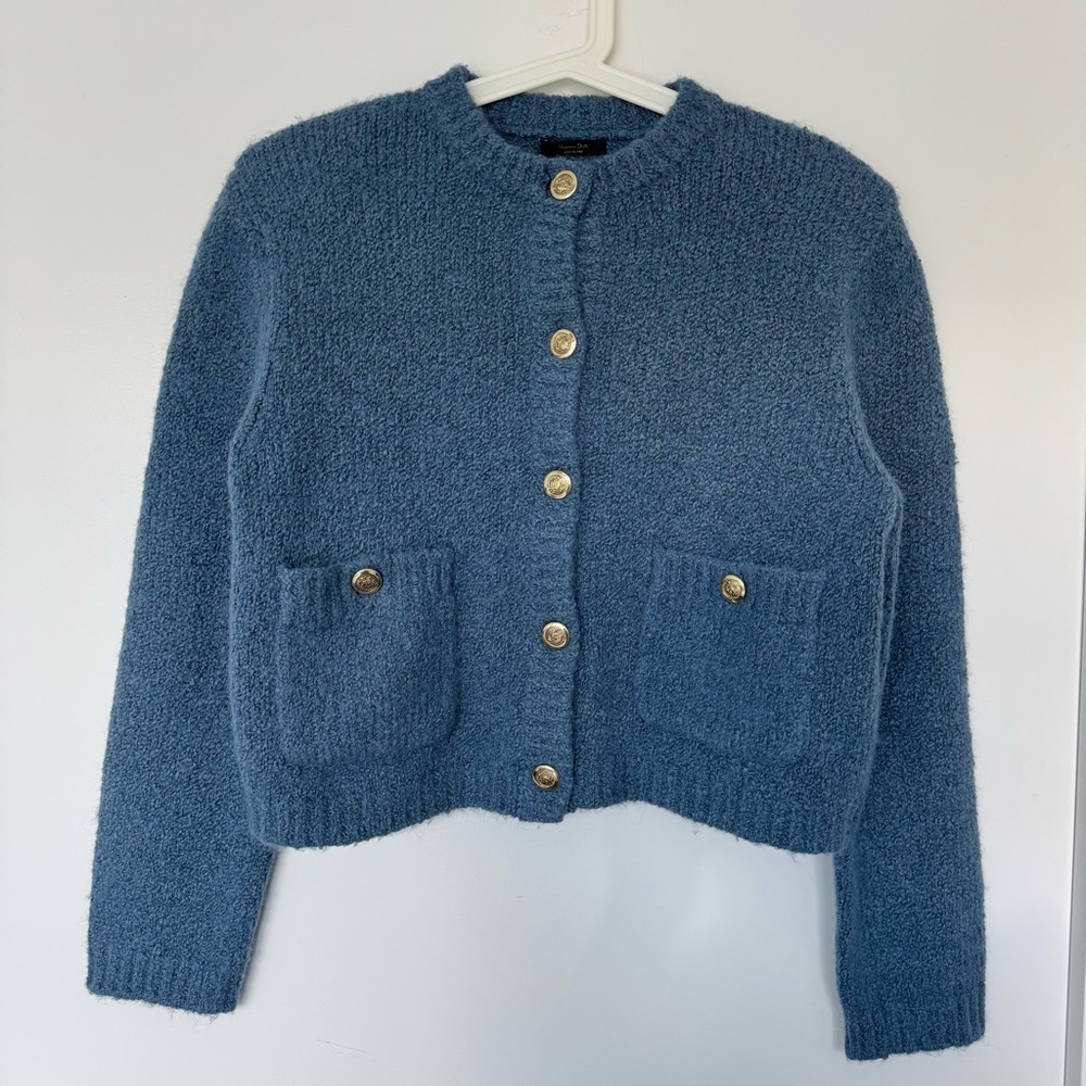 Massimo Dutti Blue Cropped Button-Up Bouclé Cardigan